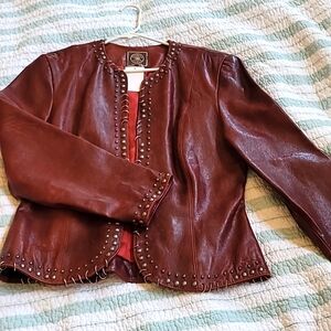 Double D Ranch Dark Red Brown Chic Leather Jacket with Studs,